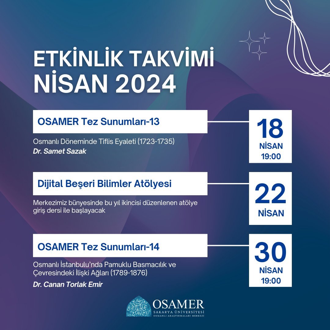 📅 Nisan Ayı Etkinlik Takvimi 🎓18 Nisan Perşembe Dr. Samet Sazak 'Osmanlı Döneminde Tiflis Eyaleti (1723-1735)' adlı sunumunda, Osmanlı'nın Safevîler ve Ruslarla Güney Kafkasya ve İran'daki rekabetini ve Tiflis eyaletinin oluşum sürecini anlatacak. 🔍22 Nisan Pazartesi Arş.