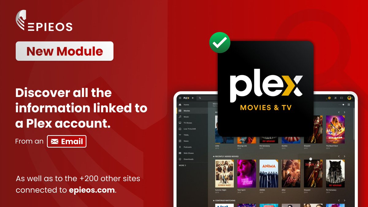 🎊 Enter an email address on @epieos and discover all the information linked to a Plex account, as well as to the +200 other sites connected to our solution. ⚠️ Even if the user's account is private! 🔸 Username 🔸 Name 🔸 Photo 🔸 Bio 🔸 Last avatar edit 🔸 Location 🔸 Url ...…