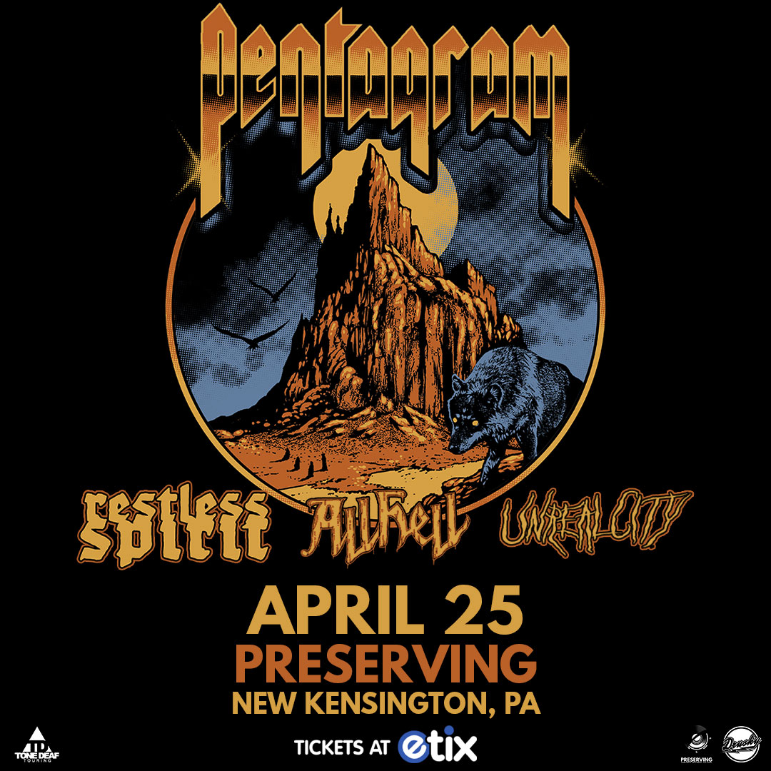 🚨 2 WEEKS AWAY 🚨 Pentagram with @Restlessspirit_, @Allhellband, and Unreal City at Preserving on April 25th! ⏰ Tickets are on sale now! 🎟️ bit.ly/PentagramPC