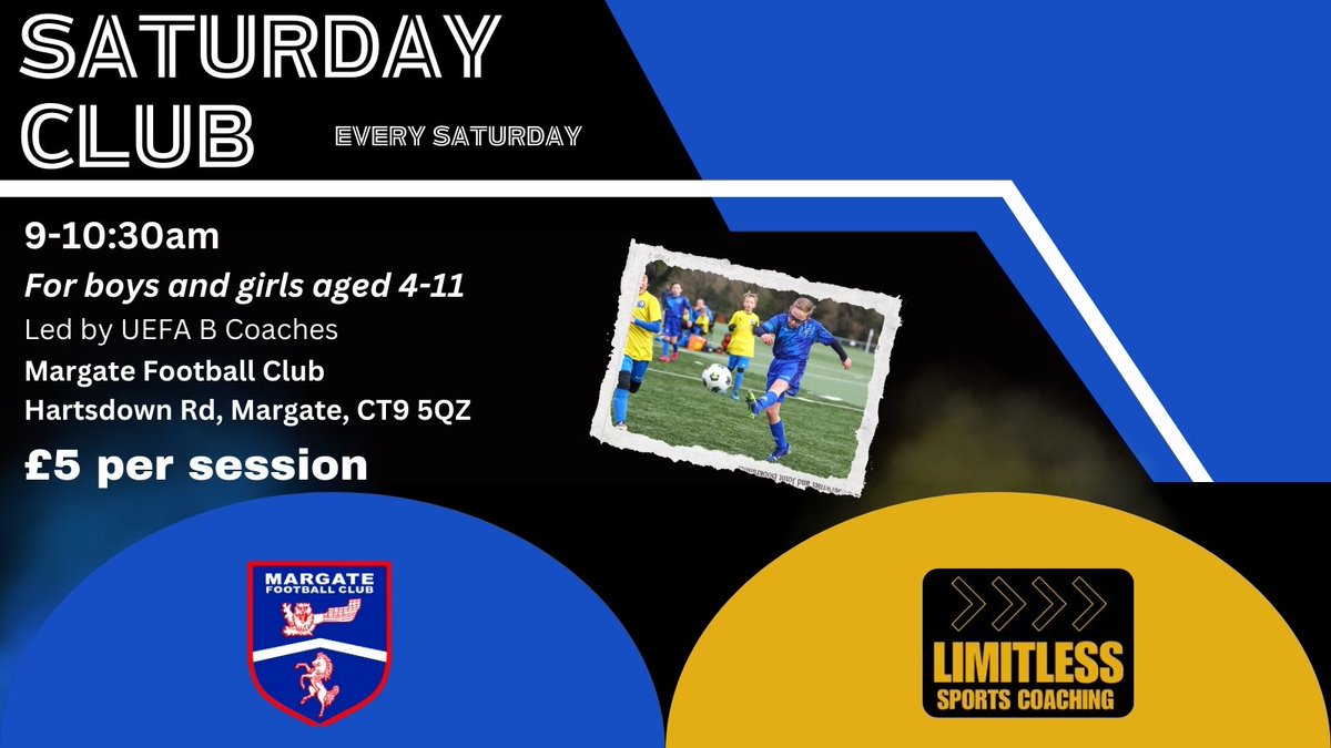 SATURDAY CLUB Loyalty scheme with prizes and rewards. 📅 Every Saturday ⏰ 9-10:30am 📍 Margate Football Club 🅿️ Plenty of car parking ▶️ Age 4-11 ⚽️ Led by UEFA B coaches Register here - form.jotform.com/233476907724061