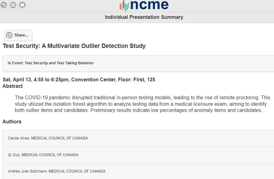 We're excited to take part in the 2024 @NCME38 Annual Meeting! Dr. Cecilia Alves, MCC's Research Psychometrician, will present a paper titled: Test Security: A Multivariate Outlier Detection Study. Session abstract: tinyurl.com/ylpq3lpo About #NCME2024: ncme.org/event/annual-m…