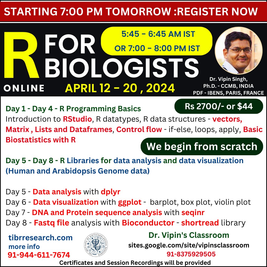 #Strong_reminder - Direct Registration link - lnkd.in/d4fD4A-s
For Course detail and Reviews - lnkd.in/daXyJRvc

#bioinformatics #bioinformatica #bioinformatician #R #rprogramming #codewithme #data #datastructures #vector #matrices #dataframes #dplyr #ggplot2