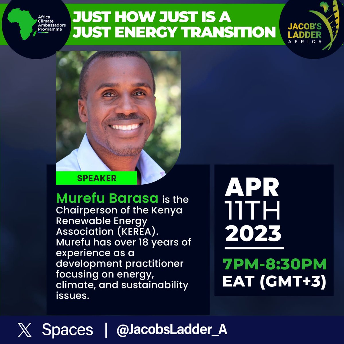 A just energy transition in Africa means ensuring that renewable energy projects benefit local communities and prioritize social justice.

Tune in now from 7:00PM link👇

x.com/i/spaces/1MYxN…

#ACAP2024 #JustEnergyAfrica

Jacobs Ladder Africa @ACAProgramme
@MurefuBarasa