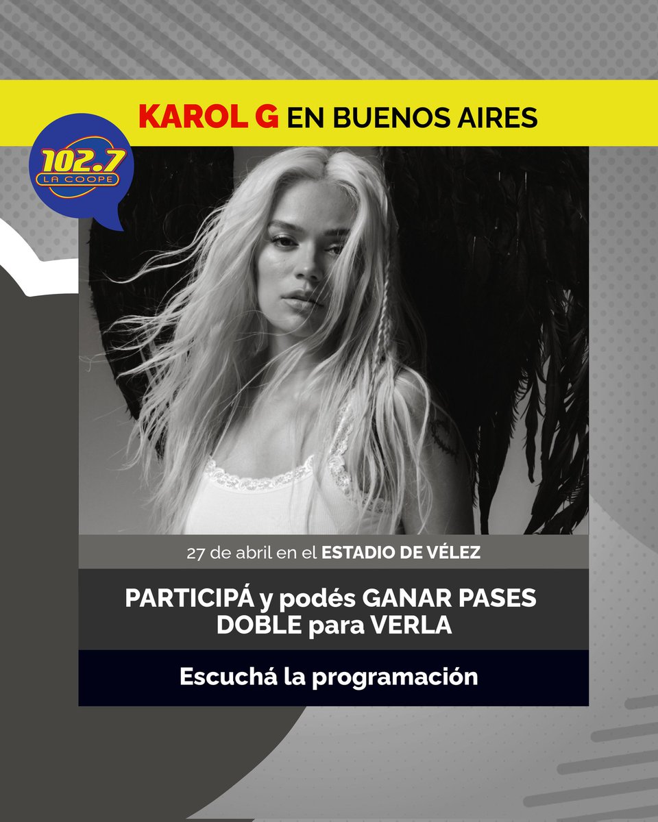 💥 Karol G llega a la Argentina con su Tour 'Mañana será Bonito'. 📆 El próximo sábado 27 de abril en el Estadio de Vélez. 🎟️ Entradas disponibles en ticketeck.com.ar 🎧 En 'La Que Más Te Gusta' tendremos pases, escuchanos y enterate como participar. #LaCoope #KarolG