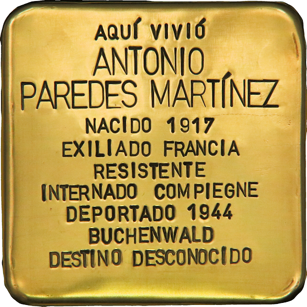 #OTD en 1945 fue liberado el campo de concentración de Buchenwald.

ANTONIO PAREDES MARTÍNEZ
#resistente,
🔻 #deportado, 
desapareció allí.

Esperamos que, pronto, un 🟨 #Stolpersteine le recuerde en la entrada a la que fue su casa, en la ciudad de Madrid.

#RememberBuchenwald