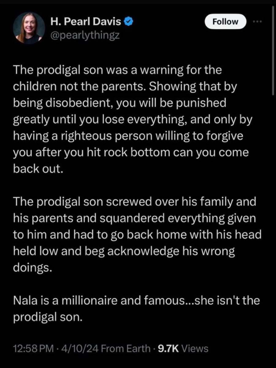 🧵 pearl is cosplaying as a theologian, but this is actually my area of expertise! the prodigal son is not about the prodigal son at all. this story is not written for wayward children to read and say, 'i can always come back home.' that's not the point.