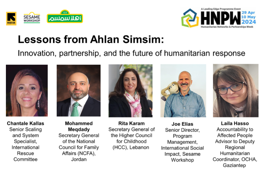 📢Join @RESCUEorg and @SesameWorkshop to discuss what we can learn from #AhlanSimsim about Innovation, Partnership, and the Future of Humanitarian Response at #HNPW. 🗓️30 April ⏱️8-9am ET Register to attend in person/online: tinyurl.com/bdhn3tft