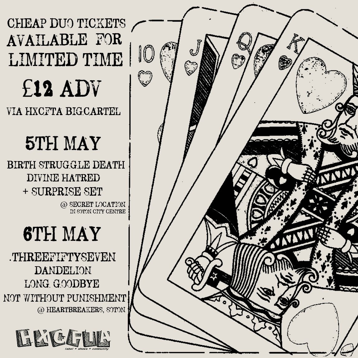 hxcfta's tweet photo. new show alert

bsd, divine hatred + surprise set @ a secret location in soton on 5th may

limited duo tickets available for our show the next day w/ @eternalrainSO 

tickets up now https://t.co/6JBCHxib4U https://t.co/ElmkgsChr3