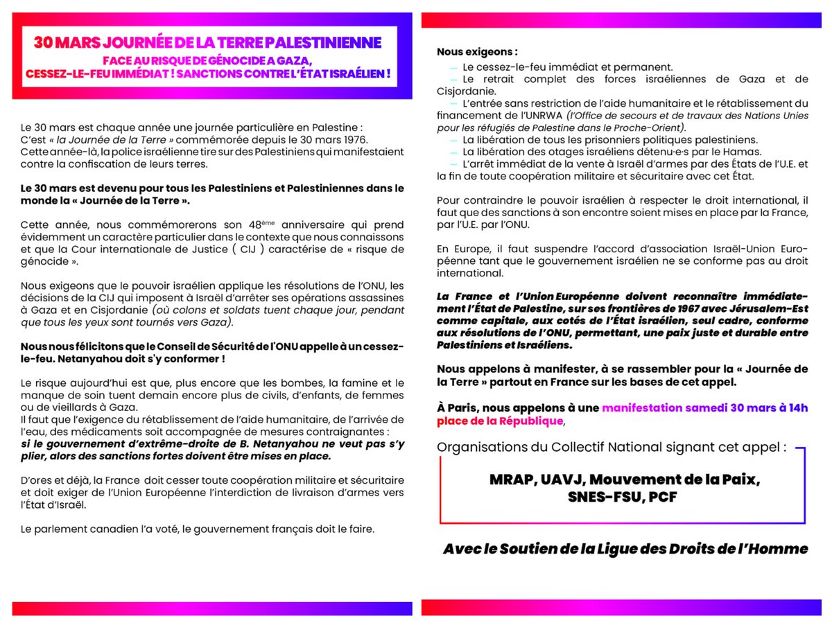 @AlternCom @PCF 📢3️⃣0️⃣mars #JournéedelaTerre palestinienne

Le @PCF appelle à se joindre aux mobilisations pour exiger le #CessezLeFeu immédiat, l'arrêt de la vente d'armes à l'Israël, la libération des otages israéliens/prisonniers pol. palestiniens & la reconnaissance de l'État de #Palestine⤵️