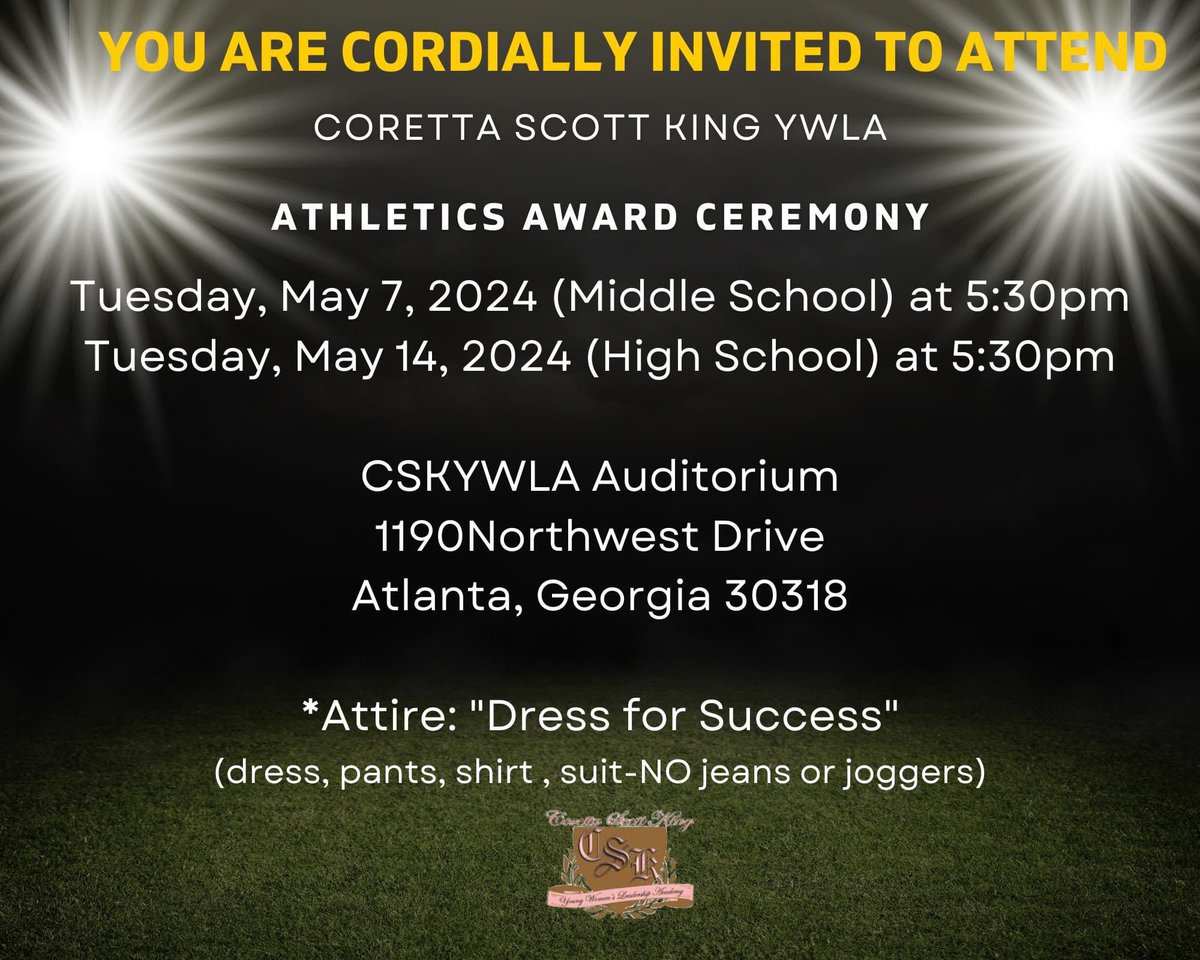 ✨Join us as we celebrate our student athletes at the Coretta Scott King Young Women's Leadership Academy Athletics Awards!✨ 🏆 High School Athletic Awards Ceremony 📅: May 7th 🕠: 5:30 PM 📍: Auditorium #SoaringToNewHeights #EaglePride #SoarEagleSoar 🦅 #togetherCSK 🩷