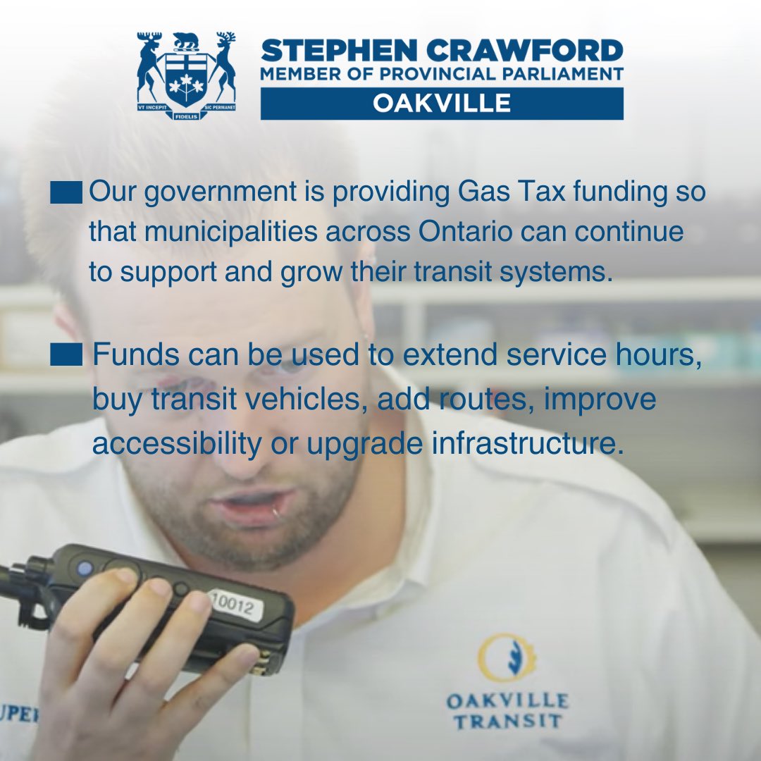 On behalf of @PrabSarkaria and @fordnation, I’m pleased that #Oakville will receive $2,892,944 as part of our government’s Gas Tax program to improve local transportation. This funding will improve transit service for our community.