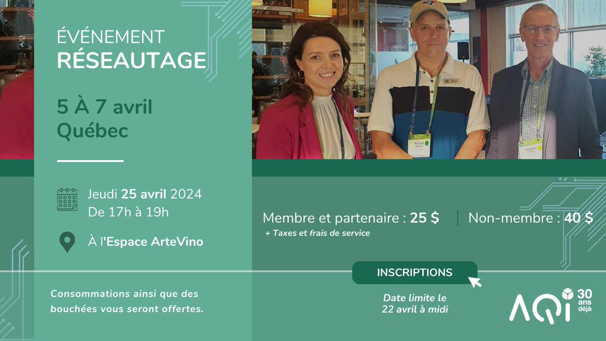 🥂 5 À 7 de réseautage de Québec🥂 Plus qu'une semaine avant notre 5à7 de #réseautage de Québec, le 25 avril ! Inscription ici 👉vu.fr/FbPYh Venez réseauter entre pairs et rencontrer nos partenaires dans une ambiance détendue et conviviale ! #AQIII #TI #IT