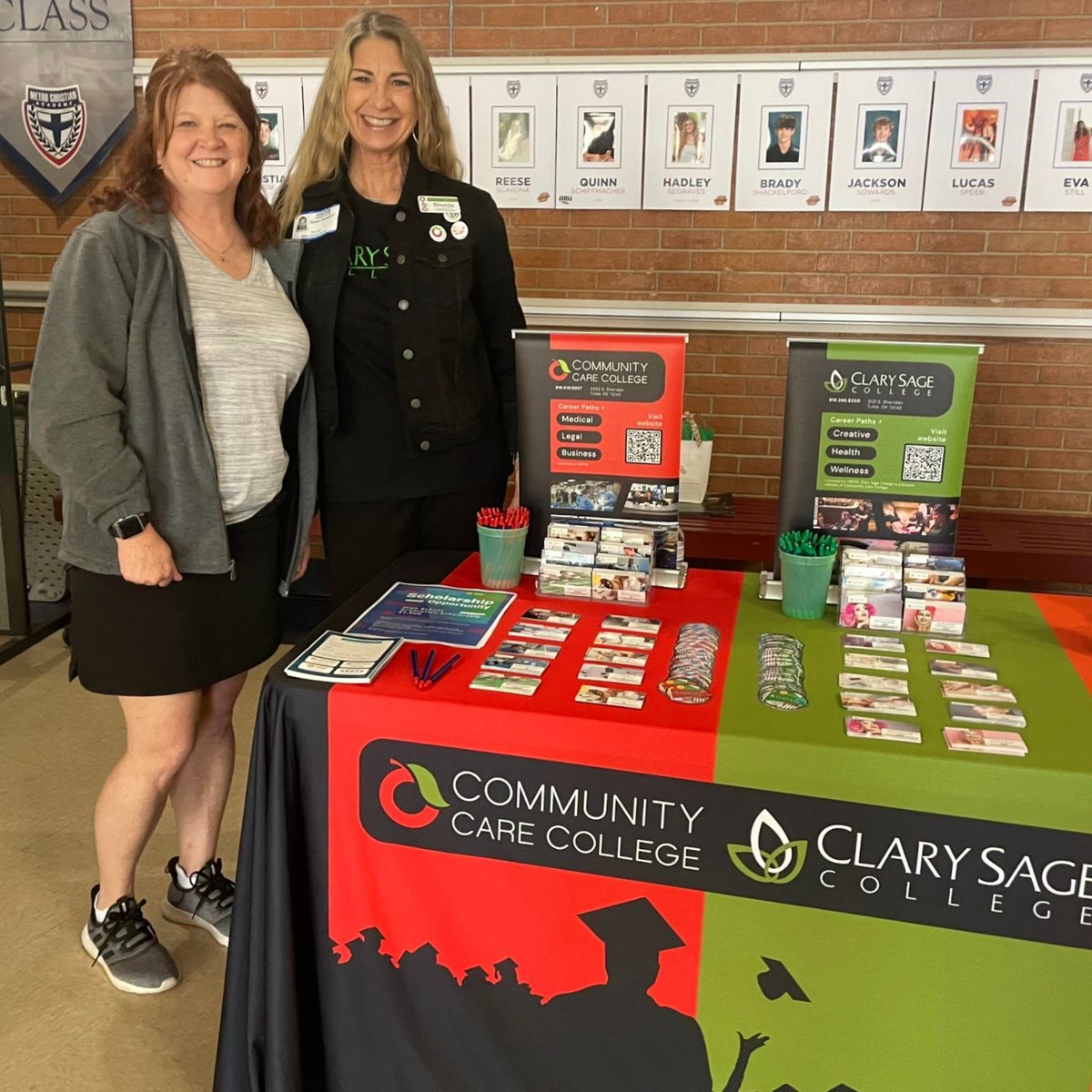 ClarySageCo's tweet photo. Our first visit to Metro Christian Academy was a great success! Can you see the stickers on the pictures behind our table? Those were of the colleges students plan to attend after graduation. Many students are still undecided, and that's we we come in! https://t.co/0Wc7CkIWcj