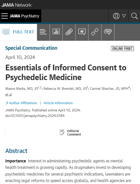 As psychedelic medicines enter the market, clinicians need informed consent processes tailored to non-research settings. Article describes 7 elements of informed consent to receive psychedelics. ja.ma/3UeMf2Z @MasonMarksMD @BeccaBrendel @CarmelShachar @CohenProf