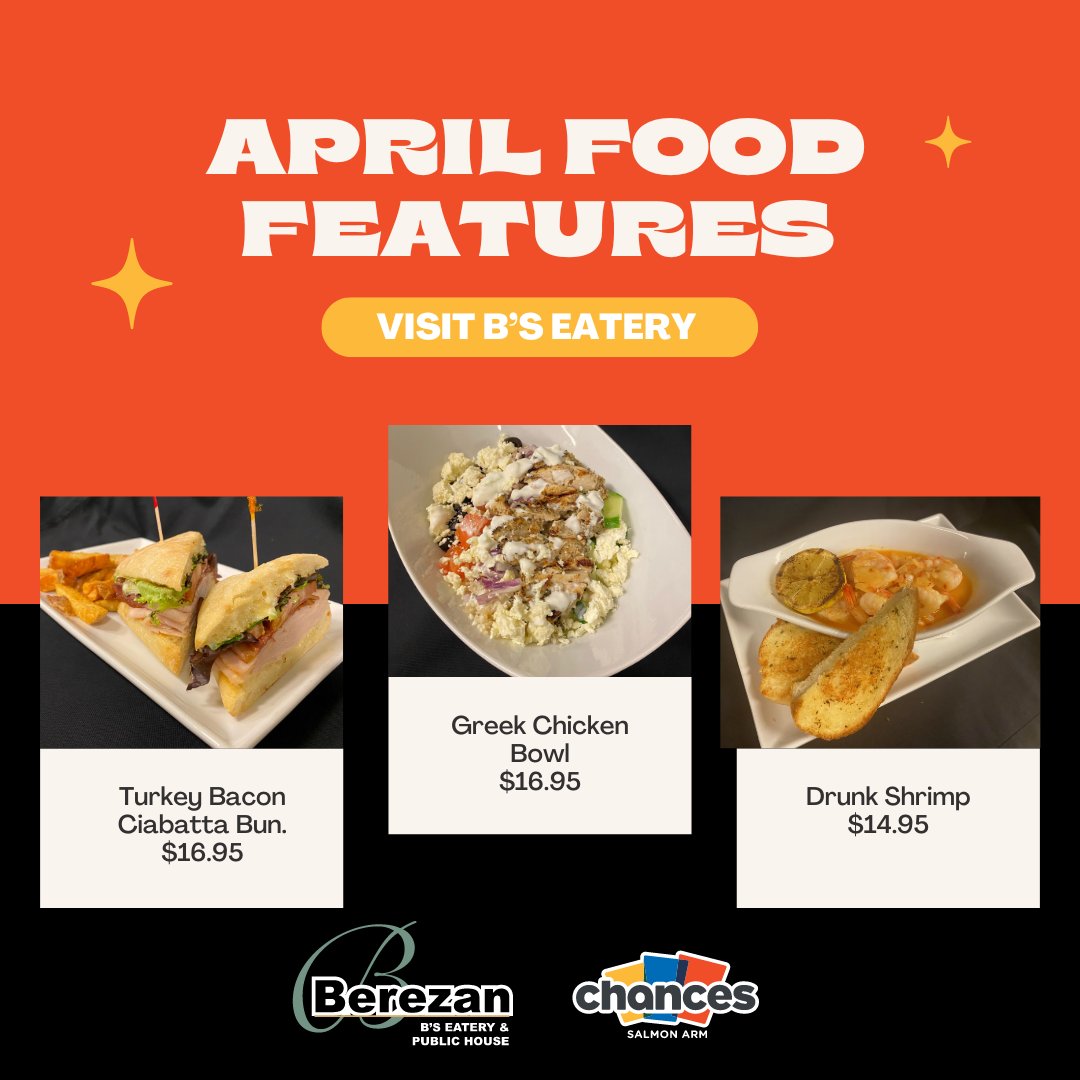 April food features are so yummy that we can smell and taste them from here! 

😋 Turkey Bacon Ciabatta Bun - $16.95
😋 Greek Chicken Bowl - $16.95
😋 Drunk Shrimp - $14.95

#AprilDeals #SpringMenu #DailyFeatures