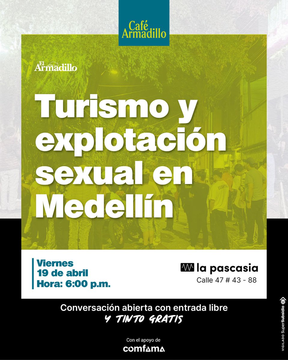 Les tenemos invitación al próximo #CaféArmadillo ☕. Hablemos de turistificación y explotación sexual en Medellín, y del cubrimiento de los medios en casos como los de Dominick Divencenzo y Timothy Livingston 👇🏾

Dónde: <a href="/la_pascasia/">La Pascasia</a>
Cuándo: viernes 19 de abril
⏰:6:00 p.m.