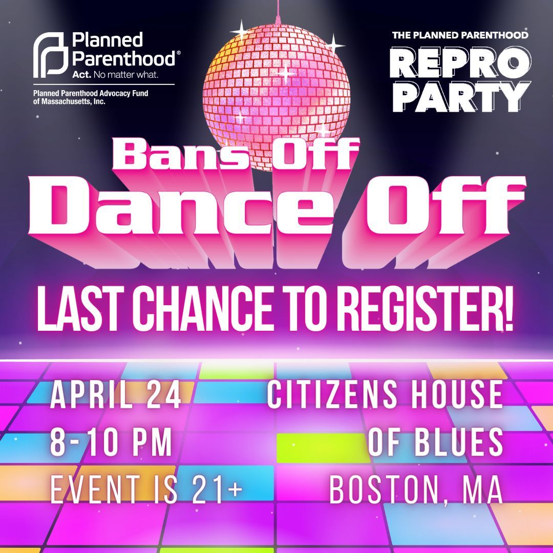 FRIDAY, APRIL 12 is the registration deadline! 📢 If you haven't got your ticket yet, don't wait — do it now!! ⏰ Go to pplmvotes.org/reproparty to register 🔗 We can't wait to dance our bans off with you! 🕺🪩✨