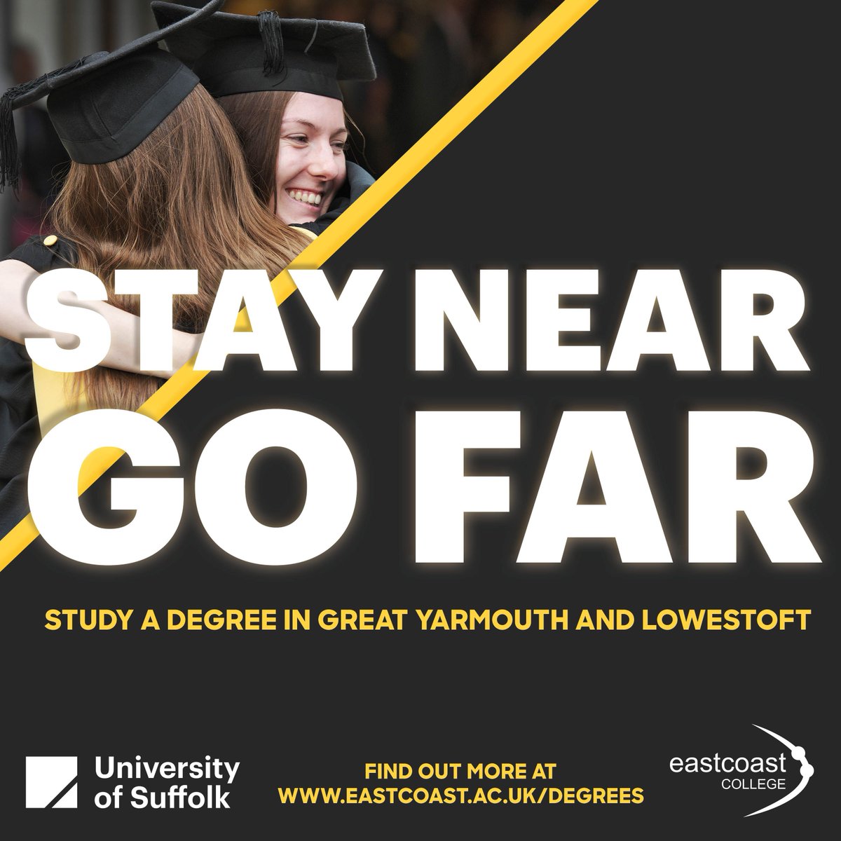 Thinking of doing a degree but want to stay close to home? The University of Suffolk at East Coast College is for you! Stay near, go far with degrees in Great Yarmouth and Lowestoft. Find out more and apply for 2024 at eastcoast.ac.uk/degrees/