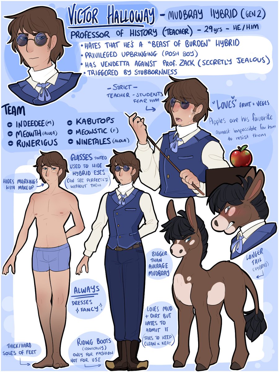 🐴📚VICTOR 29 | Male | Mudbray Hybrid History Professor/Teacher (Bucked and Bit by Mudbray after scolding it) - Hates the fact he's a 'common' pokemon hybrid - Secretly loves romance books and soap operas - From a rich family in Kalos (Based off @YaoiNek0 hybrids)