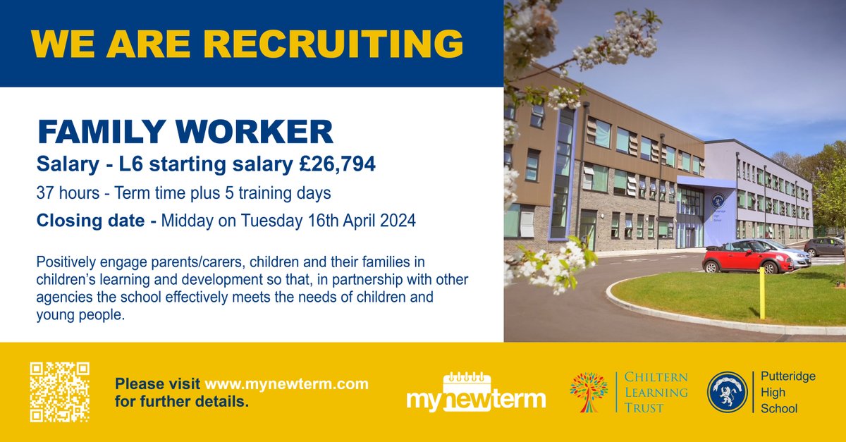 CLOSING SOON! An exciting new role within our school. Come and join our team as a Family Worker. Apply now via MyNewTerm. Closing date is midday on Tuesday 16th April. mynewterm.com/school/Putteri…