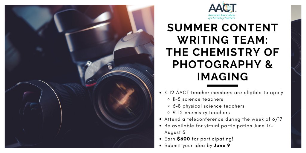 Have a good idea to teach the chemistry of photography and imaging? Share your idea with us and apply to join our Content Writing Team! All AACT members who are K–12 teachers of #chemistry are eligible to apply and will earn $600 if selected. brnw.ch/21wIJ4H