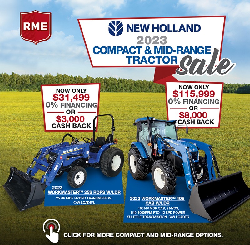 The New Holland 2023 Mid-Range Tractor Sale is on now! Pick up your new 2023 Workmaster 105 cab with loader for only $115,999 with 0% financing or $8,000 cash back. Contact your nearest RME dealer or click here for more info: rockymtn.com/new-holland-tr… . . #RME #NewHolland #Utility