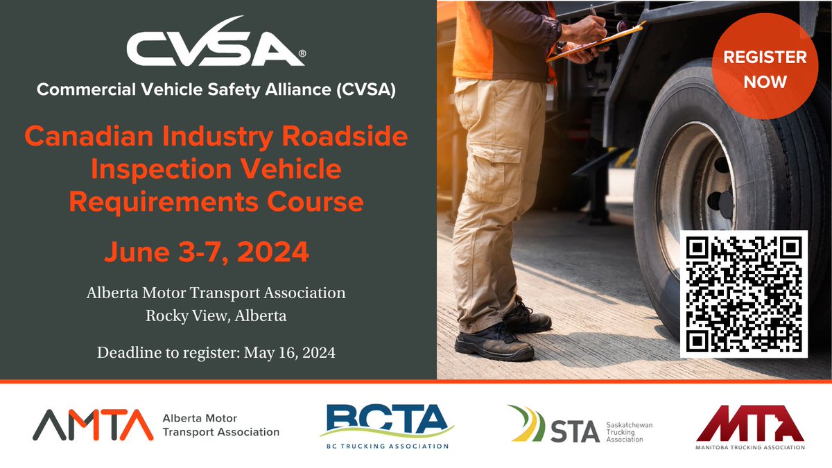 Register now! The Commercial Vehicle Safety Alliance's (CVSA) Canadian Vehicle Requirements training course will be held on June 3-7 at our AMTA Rocky View office. Spots are limited, so grab your seat before they fill up: ow.ly/ACm650QRv4U