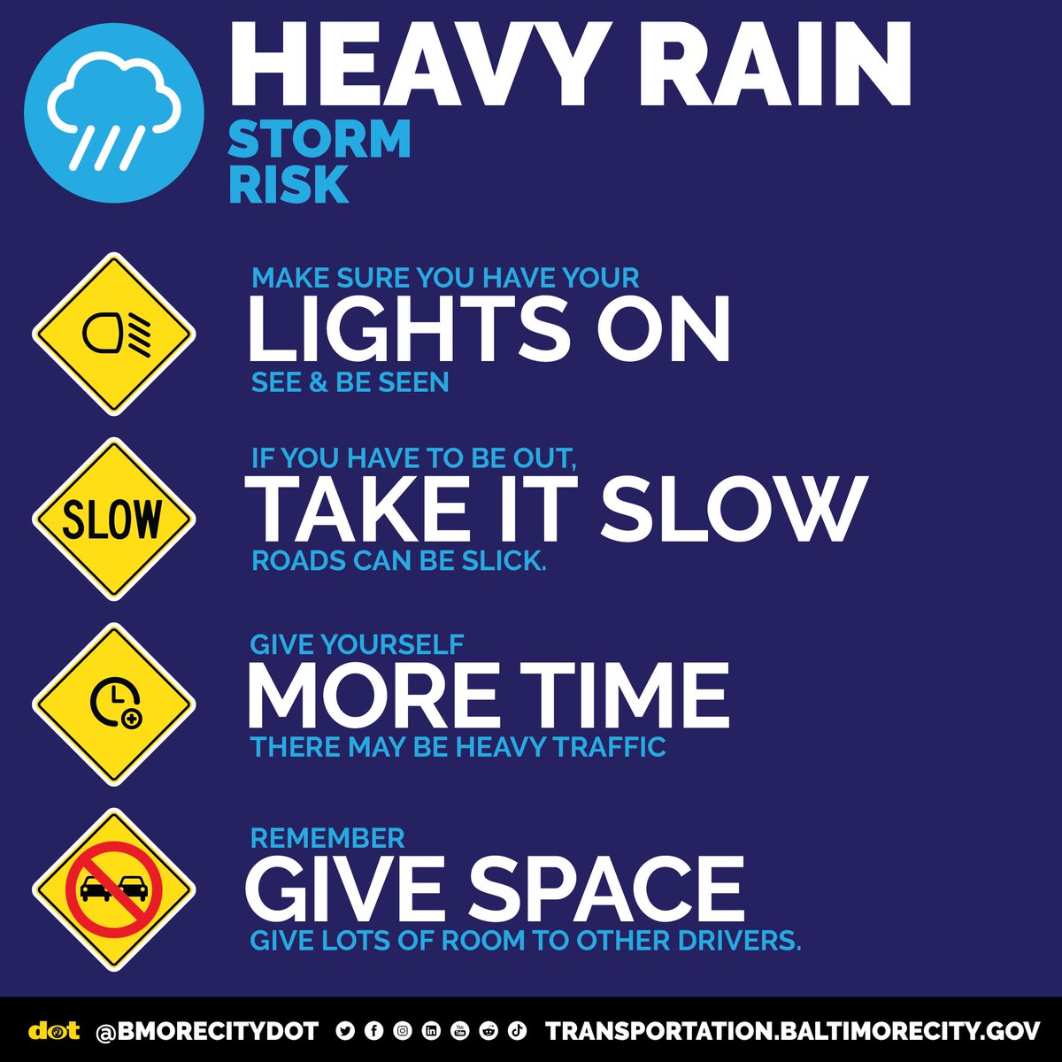 🌧️ Heavy Rain Storm Risk Today & Tomorrow 💡 When driving, turn your lights on. 👁️ See & be seen. ⚠️ If you have to be out, take it slow. 💦 Roads can be slick. ⏱️ Give yourself more time. 🚦 There may be heavy traffic. 🚙 Remember, give space. 🚐 Give lots of room to others.
