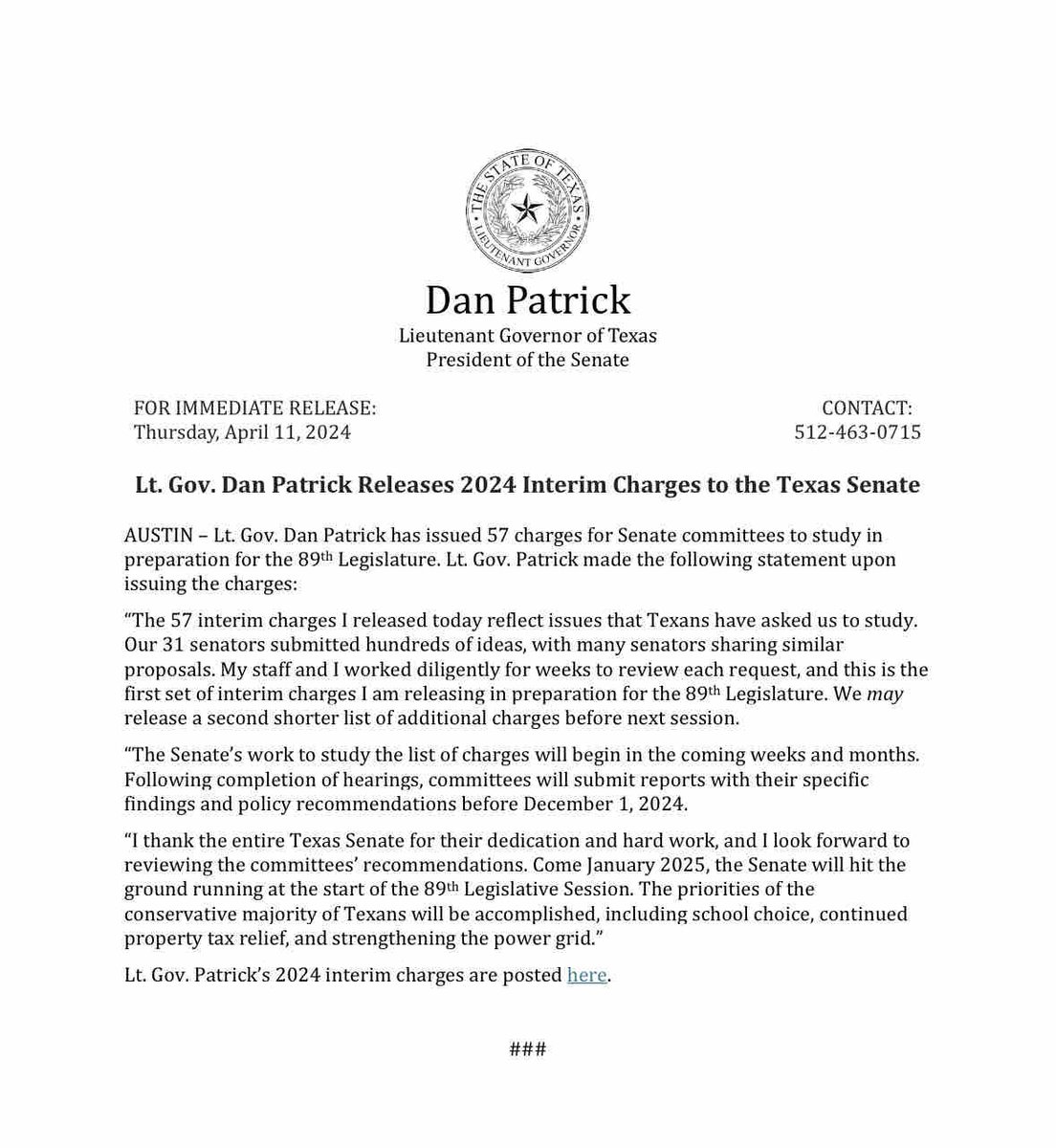 My statement announcing the 2024 Interim Charges to the Texas Senate: ow.ly/3IA750RejO5

#txlege