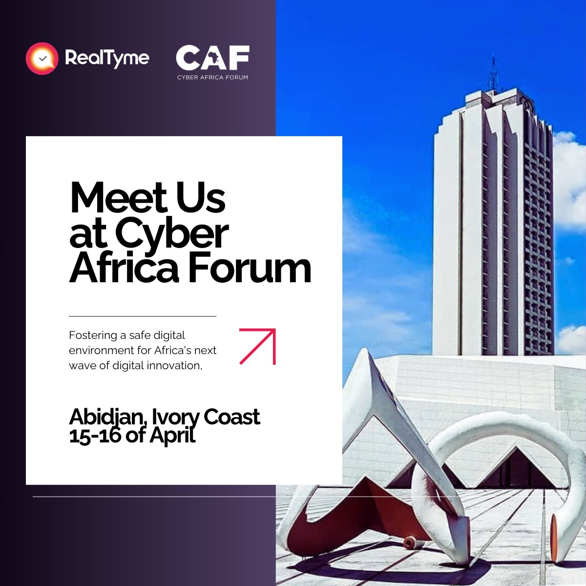 🌐 Coming at you live from the #CyberAfricaForum! This April 15-16, #RealTyme will bring you the lowdown on cybersecurity as you've never seen it before. Find out why #RealTyme is the name buzzing on everyone’s lips in #DigitalSecurity.

#SecureTech #AfricaCyberTech