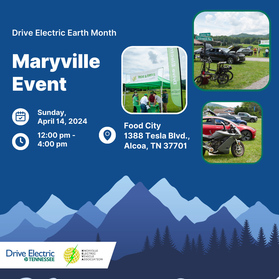 🌎🛣️Celebrate Drive Electric Earth Month in Maryville🛣️🌍

Join Drive Electric Tennessee and KEVA on April 14th. 

Read more here: driveelectricearthmonth.org/event?eventid=…

📅 Sunday, April 14, 2024
🕐12:00pm-4:00pm ET
📍Location: Food City

#DriveElectric #DET #DEED #DEEM #EVs