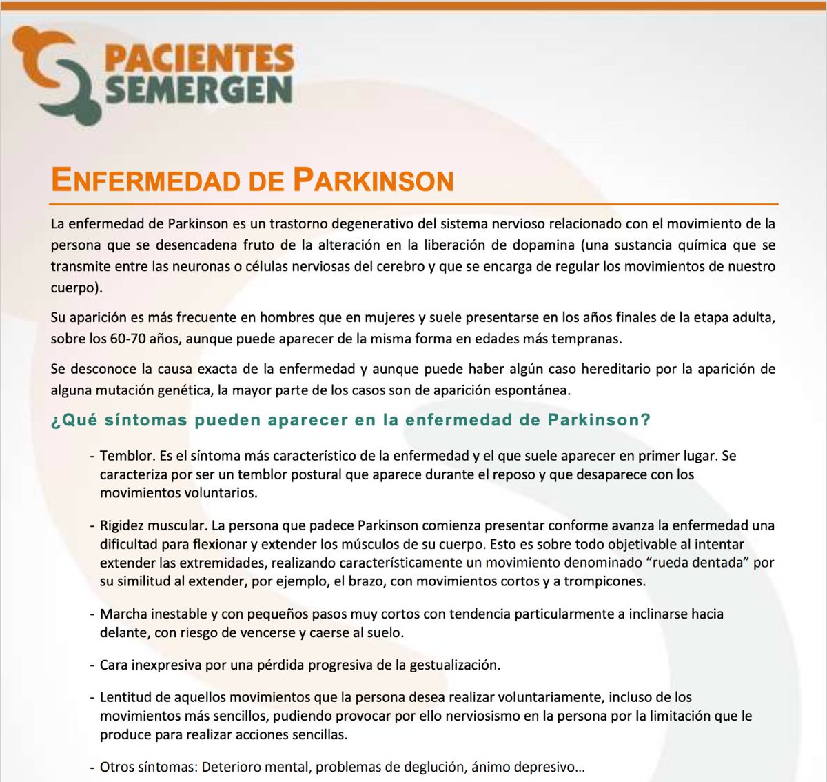 📌La enfermedad de Parkinson es un trastorno degenerativo del sistema nervioso relacionado con el movimiento de la persona que se desencadena fruto de la alteración en la liberación de dopamina. Conoce más:  pacientessemergen.es/index.php?secc…  #WorldParkinsonDay #DíaMundialdelPárkinson