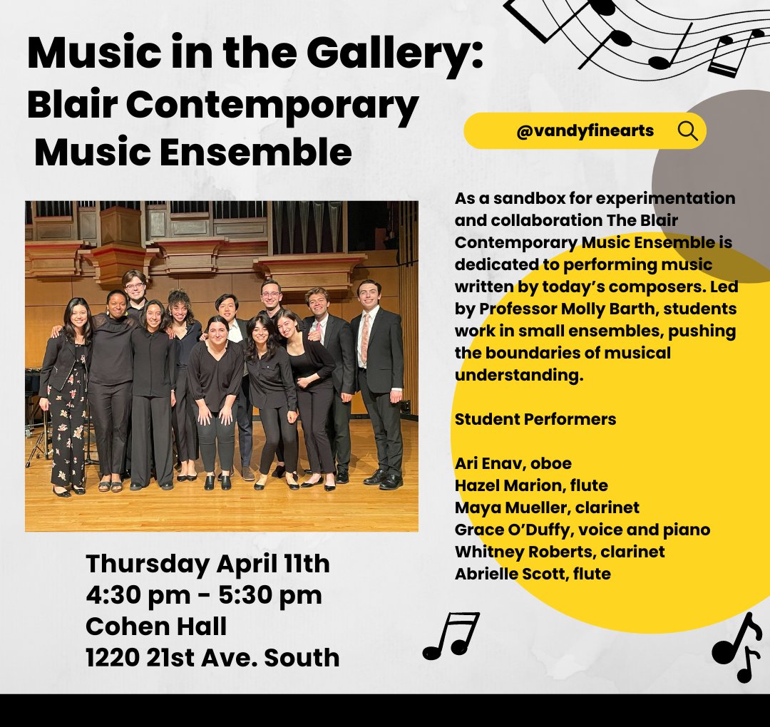 Join the Blair Contemporary Music Ensemble today at 4:30pm at Vanderbilt's Cohen Hall as student performers share their musical talents. The event is free and open to the public. @blairschool #VandyFineArts #NashvilleEvents