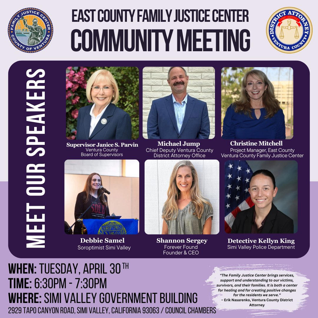 Attend the East County Family Justice Center (FJC) Community Meeting on 4/30 at 6:30 p.m. in the Simi Valley City Council Chambers. Learn about the valuable services that an FJC could bring to the East County. Currently residents must travel to the West County for services.