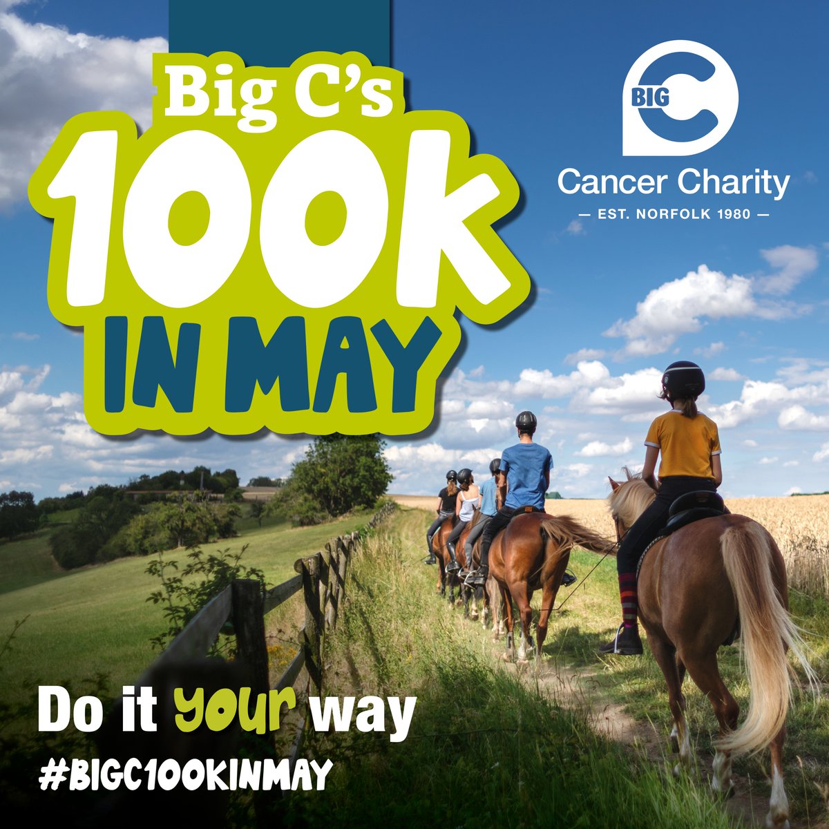 Do it your way this May and fundraise for Big C... Complete 100km throughout the month doing any activity you like. Running, swimming, cycling or even horse riding 🐎 Be as creative as you like! Sign up and register today: big-c.co.uk/our-events/100… #BigC #BIGC100KINMAY