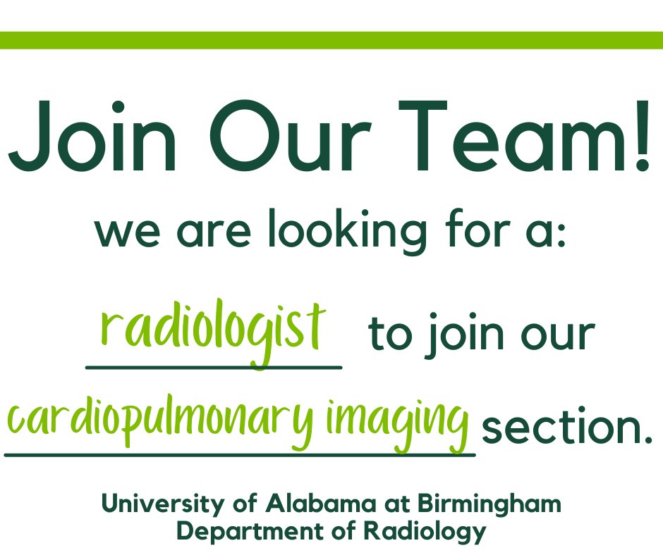 We are hiring! We are seeking a radiologist to join our cardiopulmonary imaging section! Apply here: bit.ly/3kJH5fQ @UABHeersink @uabmedicine @GrumleyScott #CardioTwitter #CardiopulmonaryImaging #MedTwitter