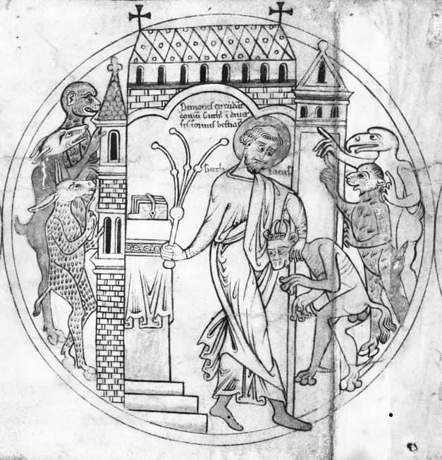 It’s the feast day of St Guthlac! My favourite Saint. He lived in a barrow in a marsh, drank muddy water & ate mouldy bread. Unsurprisingly on that diet he was troubled by visions Here he is beset by beastly demons in pic 1 and he’s giving a demon a sound thrashing in pic 2.