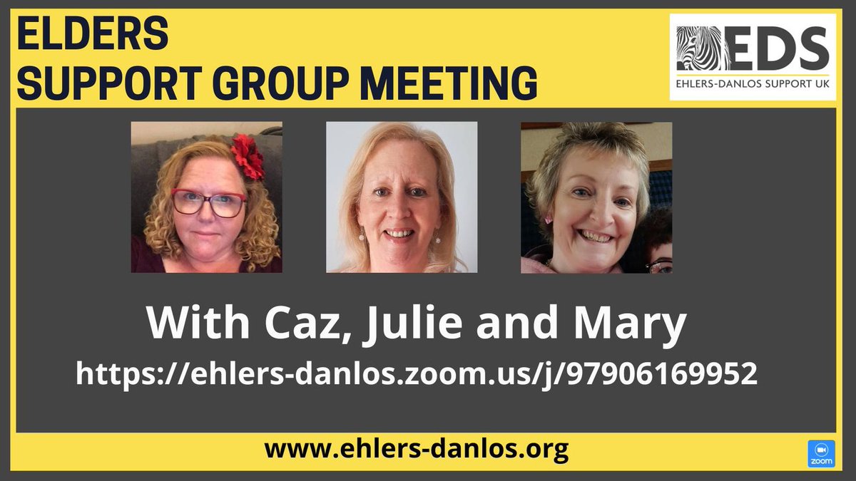 Our Elders support group will be meeting tonight online on Zoom from 7:30pm-9:00pm! We are so excited to have Lynne from Laughter Yoga joining us for this session! You don't have to join in the yoga part, just come along and enjoy! Join via Zoom at ehlers-danlos.zoom.us/j/97906169952 #EDS