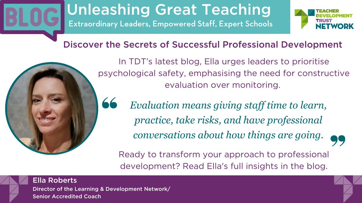 In TDT's latest blog💬Ella urges leaders to prioritise psychological safety, emphasising the need for constructive evaluation over monitoring💼 Where is psychological safety in your school? When can staff take risks without fear of judgment? Blog: tdtrust.org/2024/04/11/hig…