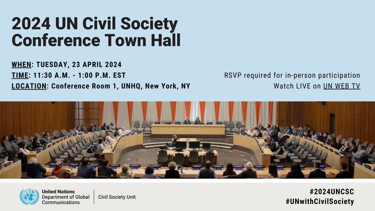 🌍 Join us in person or on UN Web Tv for the final town hall on April 23 before the #2024UNCSC in Nairobi! 

Register for in person town hall attendance by April 18th: us16.list-manage.com/track/click?u=…