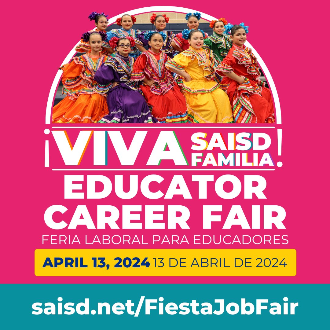 🪅🎊 Join us at SAISD’s Fiesta Educator Career Fair!📍Lanier High School ⏰ April 13, 9 a.m. - noon 🪅🎊 ¡Acompáñenos en la Feria de Empleos para Educadores de SAISD!📍Lanier High School ⏰ el 13 de abril, 9 a.m.-12 p.m. 🎟️ RSVP | Confirme asistencia ➡️ saisd.net/FiestaJobFair