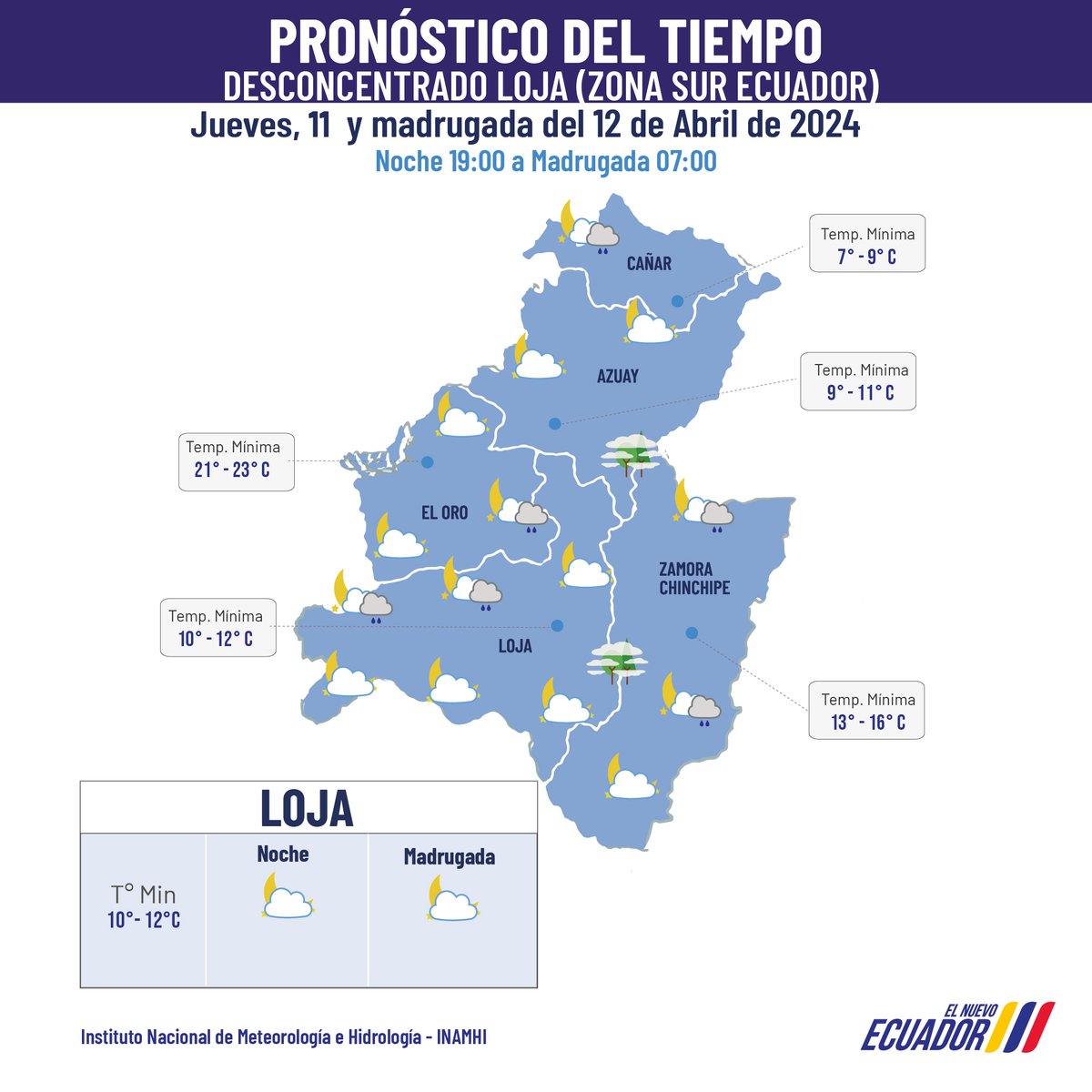 INAMHI //#Pronósticozonasur del país, #ElOro, #Cañar, #Azuay, #Loja, #ZamoraChinchipe jueves 11 y madrugada del viernes 12 de #Abril2024.🌤️🌦️🌡️☂️ @Riesgos_Ec @ECU911_