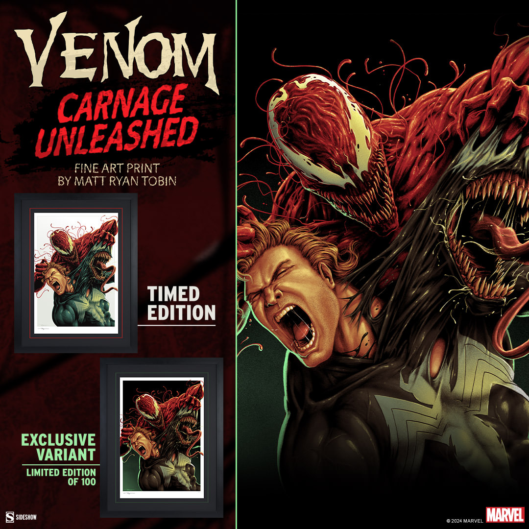 Cletus Kasady separates Eddie Brock from his symbiote in the Venom: Carnage Unleashed Fine Art Print by @mattryantobin. This #Marvel art will be available for pre-order on 4/19, in a TIMED edition and a variant edition. Enter for a chance to win: side.show/kro73 #Art