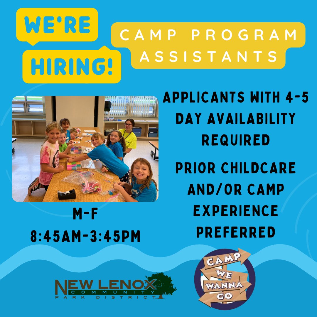 #NowHiring We're still looking for a few more Camp Assistants for Camp Wewannago! Applicants with 4-5 day availability required; prior childcare and/or camp experience preferred. loom.ly/dOoz3VU #joinourteam #workwhereyouplay