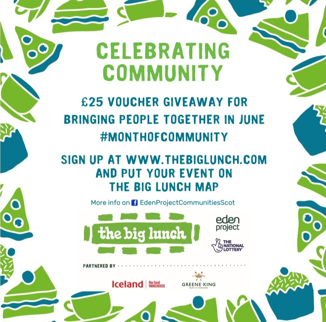 Sign up at thebiglunch.com for your FREE toolkit and put your plans on the map! Community spirit makes a huge difference in helping a neighbourhood thrive! 100 vouchers up for grabs! We encourage everyone in Scotland to join in! #TheBigLunch