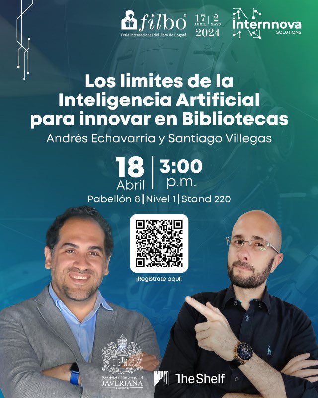 afhilipo's tweet photo. ¡Únete a la conversación sobre #IA y #BibliotecasUniversitarias en #FILBo2024! Junto a @medejean , exploraremos cómo innovar en nuestros espacios de conocimiento. 🚀

18 Abril | 3 PM | Pabellón 8 N1 Stand 220

Regístrate ahora [https://t.co/FRMmzl3Oaz]

#Innovación #Bibliotecas https://t.co/SFIVH5L4Y6