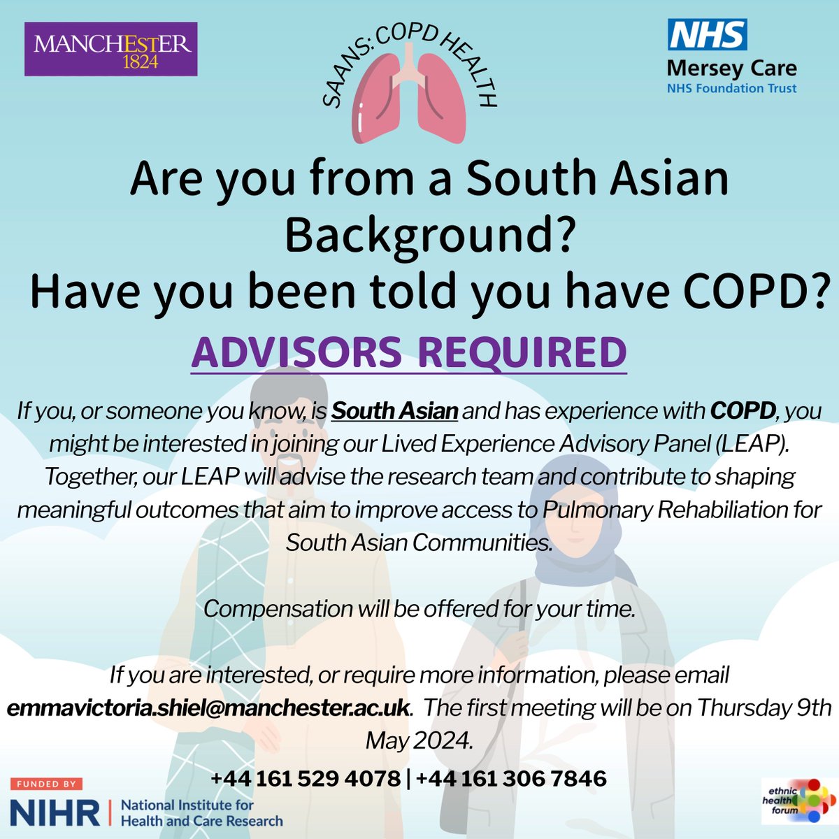 🫁 🧵Do you want to help shape research to improve #pulmonaryrehabilitation for South Asian people living with #COPD ? 🌟Join our Lived Experience Advisory Panel! 🌟 ☎️ For more information contact Emma Shiel (emmavictoria.shiel@manchester.ac.uk)