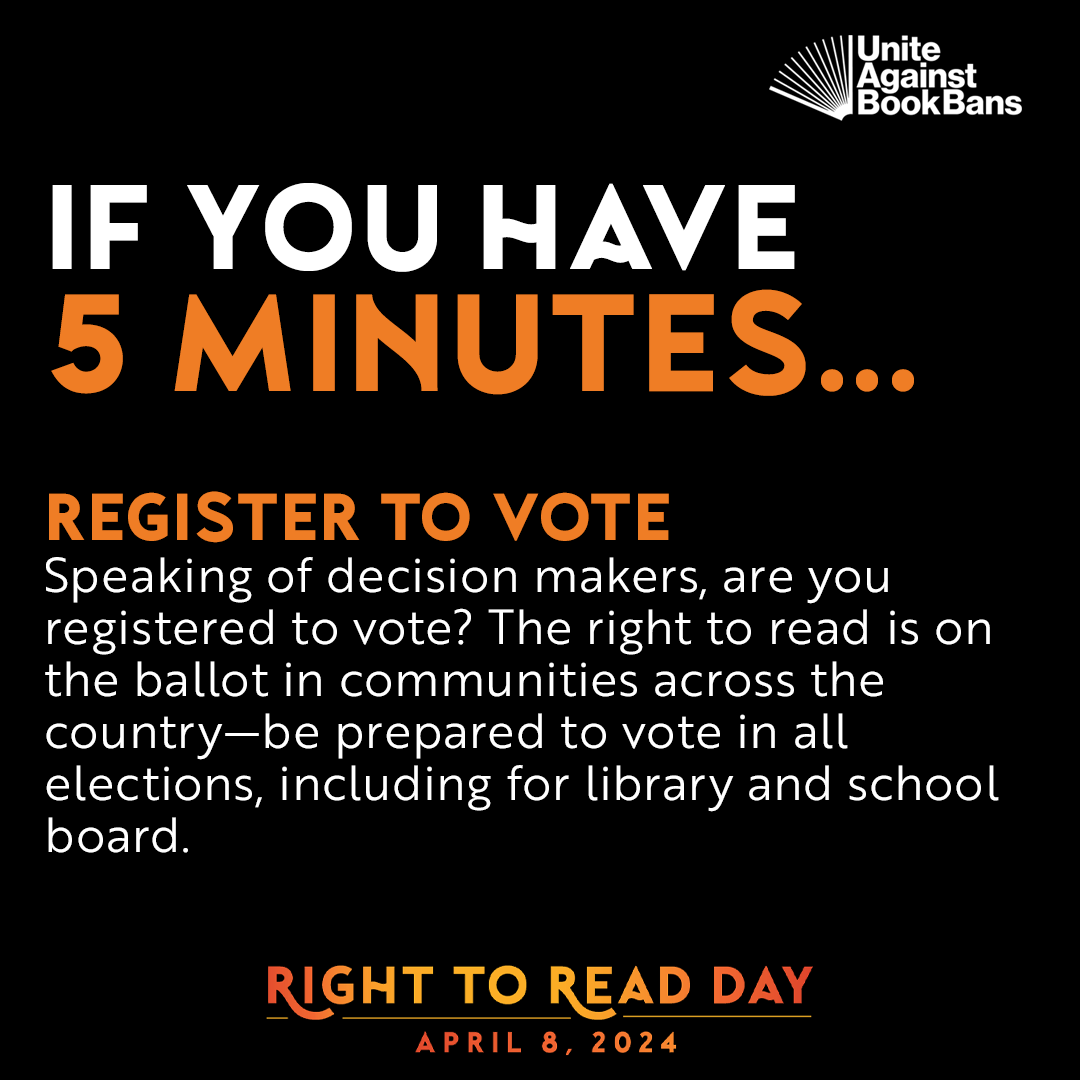 🗳️ It's #TakeActionForLibraries Day! Take action today—register to vote. Your vote matters in the fight against book bans. Make sure you're prepared to defend the right to read in ALL elections by checking your registration status: uniteagainstbookbans.org/vote/ #UniteAgainstBookBans