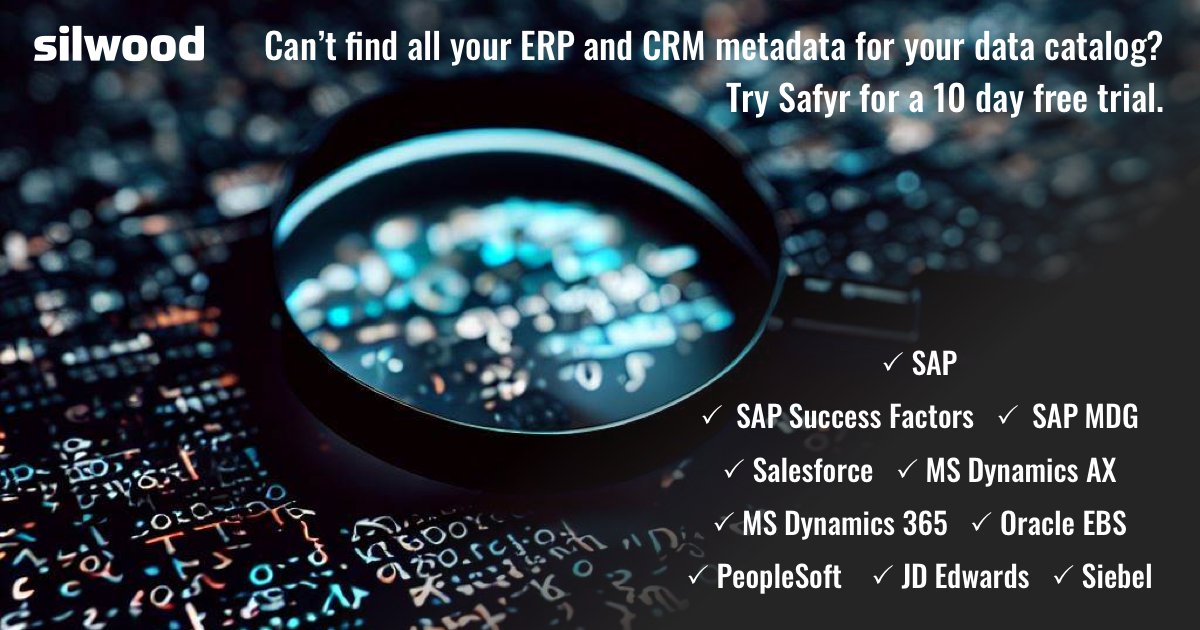 Can't find all your #ERP #CRM metadata? Try our 10 day trial with Safyr® ow.ly/Fyjy50R8f8v #SAP #SAPBW #Salesforce #MSDynamics #OracleEBS #PeopleSoft #JDEdwards #Siebel