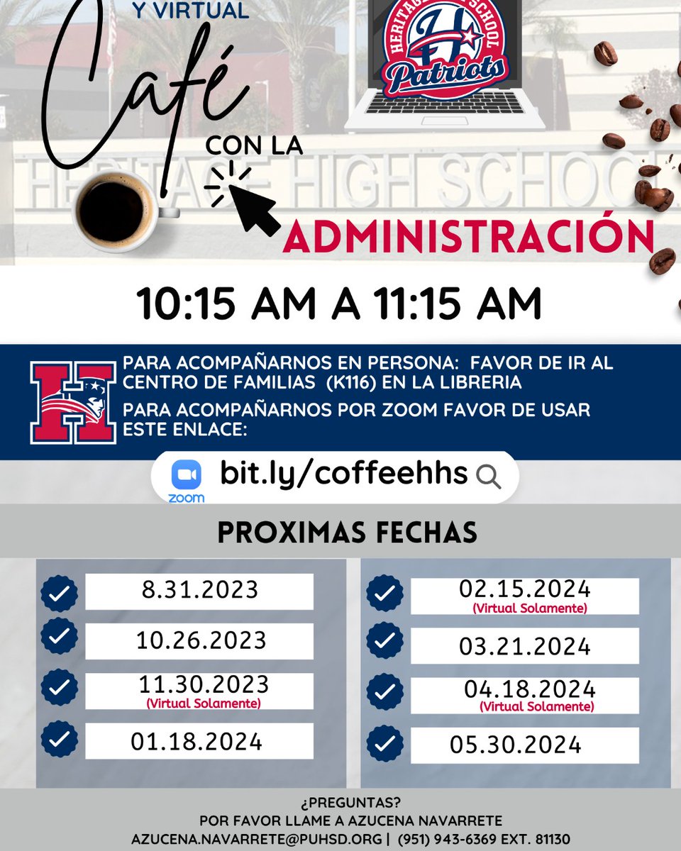 Patriot Families: Join us for our  Coffee with the Administration on Thursday, February 15th at 10:15 AM via Zoom ONLY!

To join, please go to: bit.ly/coffeehhs
We look forward to seeing you!